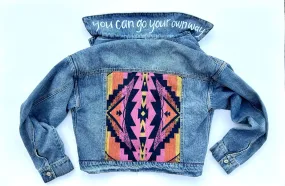 women's upcycled denim jacket: upcycled faux shearling southwestern wool blanket remnant black, pink, orange, yellow