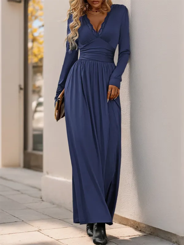 Women’s V-Neck Long Sleeve Maxi Dress with Cinched Waist