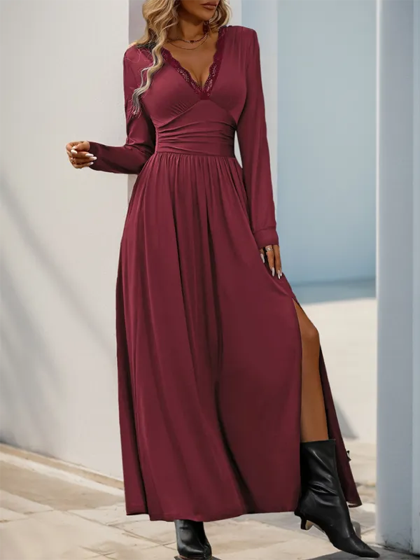 Women’s V-Neck Long Sleeve Maxi Dress with Cinched Waist