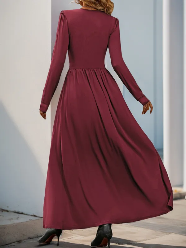 Women’s V-Neck Long Sleeve Maxi Dress with Cinched Waist