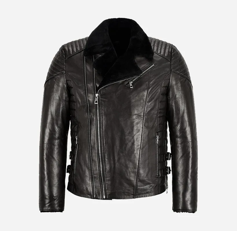 ZACHARY Men's Side Zip Sheepskin Flying Jacket Black