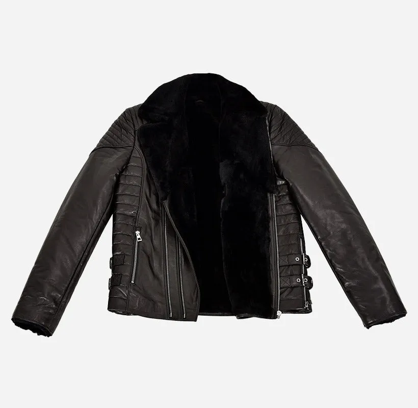ZACHARY Men's Side Zip Sheepskin Flying Jacket Black