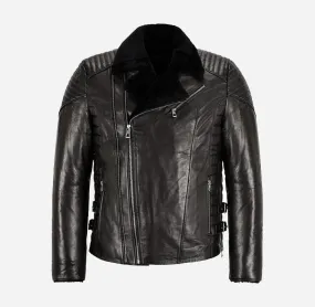 ZACHARY Men's Side Zip Sheepskin Flying Jacket Black