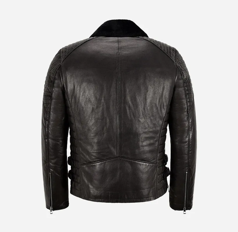ZACHARY Men's Side Zip Sheepskin Flying Jacket Black