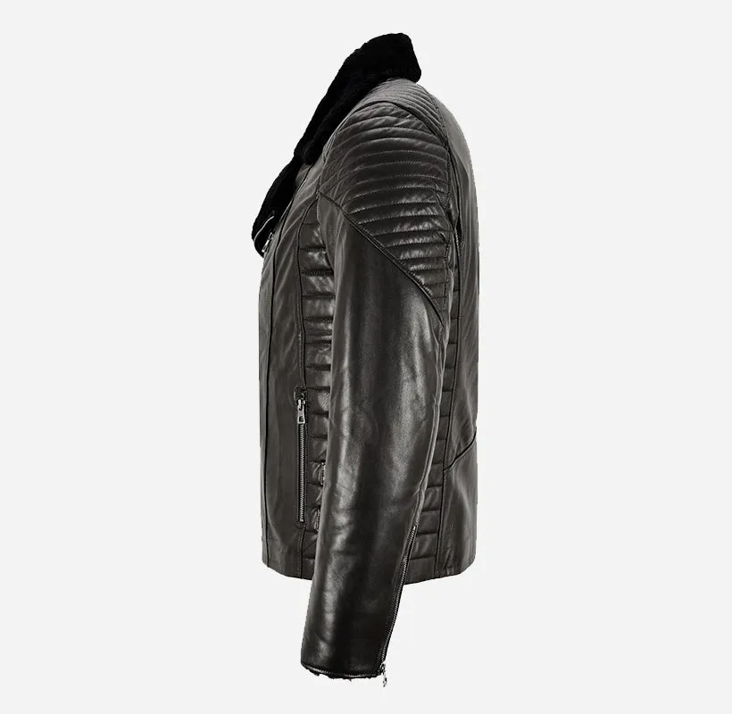 ZACHARY Men's Side Zip Sheepskin Flying Jacket Black